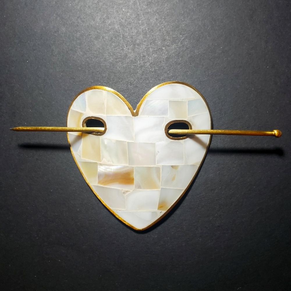 Mother-of-Pearl Shell Handmade Chitra Heart Hair Slide Brass Stick Accessory NWT - Picture 12 of 12